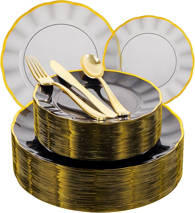 EI 150pcs Clear Black Dinnerware Set,Clear Black Fancy Plastic Plates with Gold Rimmed and Gold Plastic Silverware,Heavy Duty Party Plates Disposable for Afternoon Tea,,Christmas,New Year