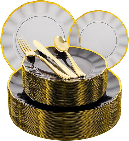 EI 150pcs Clear Black Dinnerware Set,Clear Black Fancy Plastic Plates with Gold Rimmed and Gold Plastic Silverware,Heavy Duty Party Plates Disposable for Afternoon Tea,,Christmas,New Year
