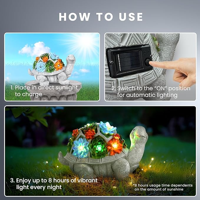 HOM Solar Turtle Statue - Solar Powered Turtle for Garden Decor with LED - Waterproof Solar Lights Outdoor for Patio, Yard, Porch
