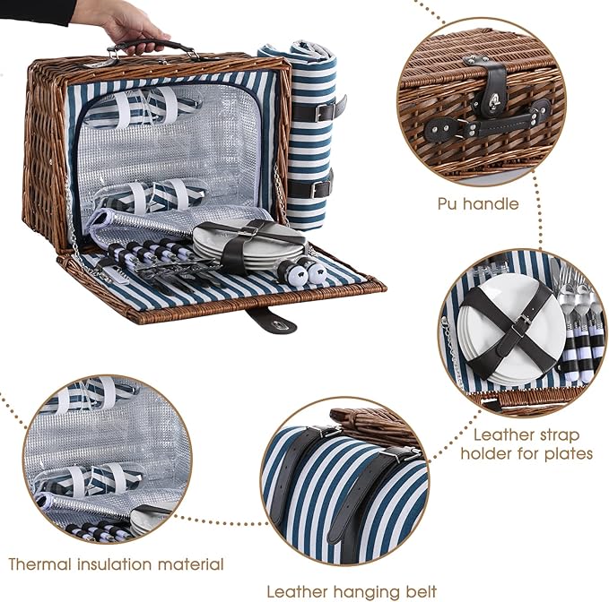 Picnic Basket for 4 with Waterproof Picnic Blanket and Insulated Cooler, Wicker Picnic Set, Willow Hamper for Camping, Outdoors, Photoshoot, or a Birthday, Mother's Day, Wedding Gift, Blue