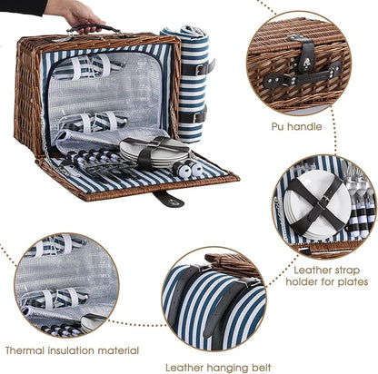 Picnic Basket for 4 with Waterproof Picnic Blanket and Insulated Cooler, Wicker Picnic Set, Willow Hamper for Camping, Outdoors, Photoshoot, or a Birthday, Mother's Day, Wedding Gift, Blue