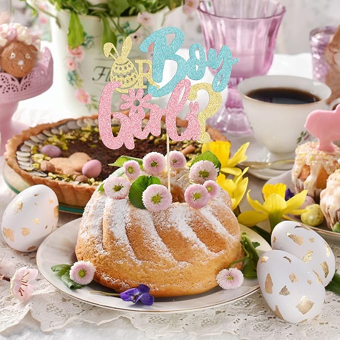1Pc Happy Easter Boy or Girl Cake Topper Blue Pink Glitter Rabbit Bunny Gender Reveal Cake Food Pick Bunny Cake Decorations for Happy Easter Themed Baby Shower Kids Birthday Party Supplies