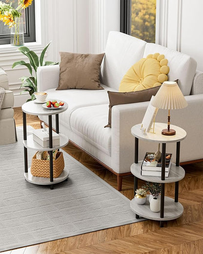Small Round Side Table - 3-Tier Oval Accent Table for Small Spaces, Rustic Wood and Metal Couch End Table, Nightstand for Bedroom or End Table Living Room, Set of 2, Greige