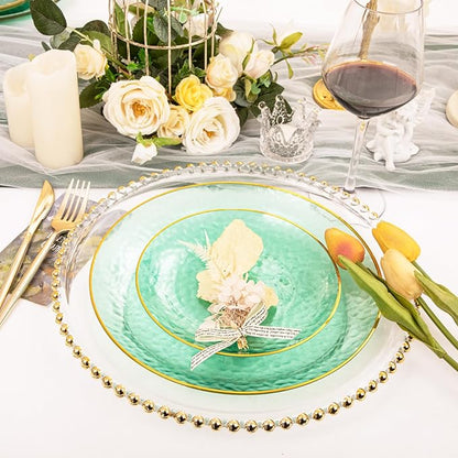 Rubtlamp 60 Green Plastic Plates, Hammered Clear and Gold Disposable Plates Include 30 Dessert Platos, 30 Dinner Platos for St. Patrick's Day
