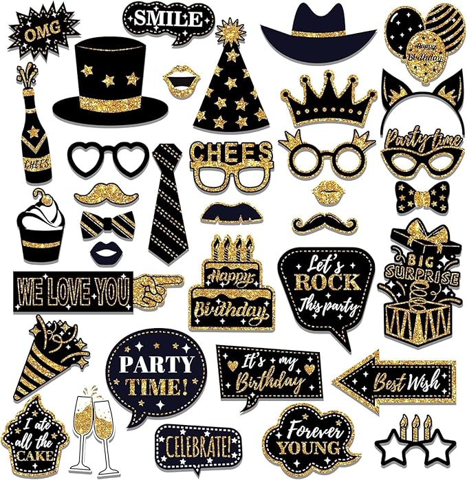 HARZHI Photo Booth Props Kit for Birthday Wedding Party Supplies Carnival Crazy Dance Decor Photobooth Funny Cute Holiday Selfie Supplies Masked Ball (36 Pcs Birthday)