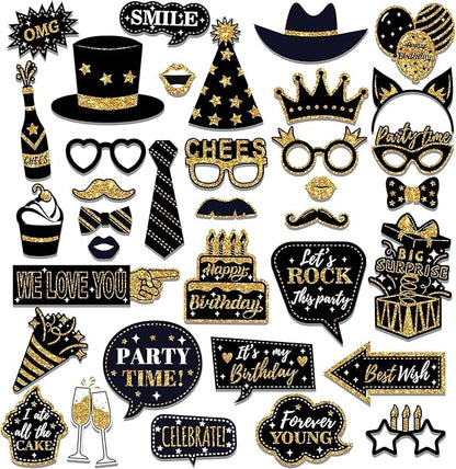 HARZHI Photo Booth Props Kit for Birthday Wedding Party Supplies Carnival Crazy Dance Decor Photobooth Funny Cute Holiday Selfie Supplies Masked Ball (36 Pcs Birthday)