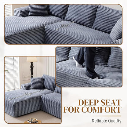 95" L Shaped Boneless Sectional Couches, Wide Armrest, Deep Seat, Memory Foam, Assembly Free, Modern Comfy Corduroy Fluffy Cloud Sofa with Left Chaise for Living Room, Small Spaces, Grey