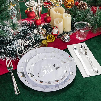 Ciaell 175PCS Christmas Plastic Plates - White and Silver Plastic Plates for 25 Guests - Include 50 Disposable Plate, 25 Knives, 25 Spoons, 25 Forks and 25 Christmas Tree Napkins for Xmas Party