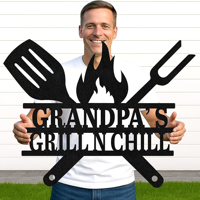 Personalized BBQ Patio Metal Sign, Custom Grill Cut Name Wall Decor for Backyard Kitchen, Rustic Outdoor Barbecue Gift