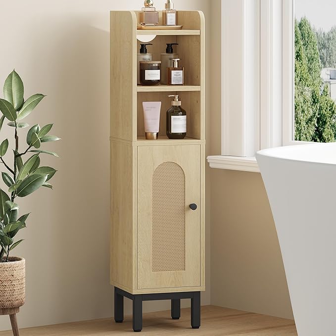 Bathroom Storage Cabinet, Small Corner Floor Cabinet with Door and Shelves, Narrow Toilet Paper Holder, Bathroom Organizer with Adjustable Shelf, for Small Spaces, Rattan Yellow BC08202Y