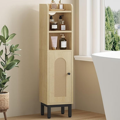 Bathroom Storage Cabinet, Small Corner Floor Cabinet with Door and Shelves, Narrow Toilet Paper Holder, Bathroom Organizer with Adjustable Shelf, for Small Spaces, Rattan Yellow BC08202Y