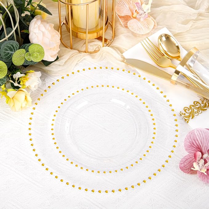 LIYH 350 Pcs Clear Plastic Plates - Gold Rim Plastic Dinnerware Set Elegant Disposable Plates Include Dinner & Dessert Plate Cups Gold Silverware Wedding Napkins for Birthday Party Wedding 50 Guests