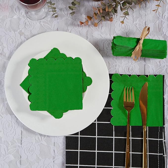 200 Pack Cocktail Napkin 2-Ply Scalloped Edged Dessert Napkins Folded 5 x 5 Inches Disposable Napkins for Dinner Wedding Birthday Party Bridal Anniversary Reception Event (Green-2)
