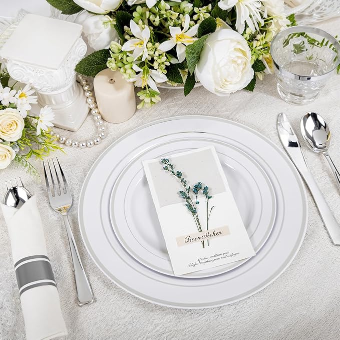 WELLIFE 700 Pcs Silver Plastic Plates for 100 Guests - Christmas Party Supplies Includes 200 Plastic Plates,300 Silver Silverware,100 Napkins,100 Cups for Party,Disposable Dinnerware Set