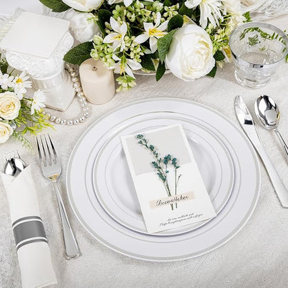WELLIFE 700 Pcs Silver Plastic Plates for 100 Guests - Christmas Party Supplies Includes 200 Plastic Plates,300 Silver Silverware,100 Napkins,100 Cups for Party,Disposable Dinnerware Set