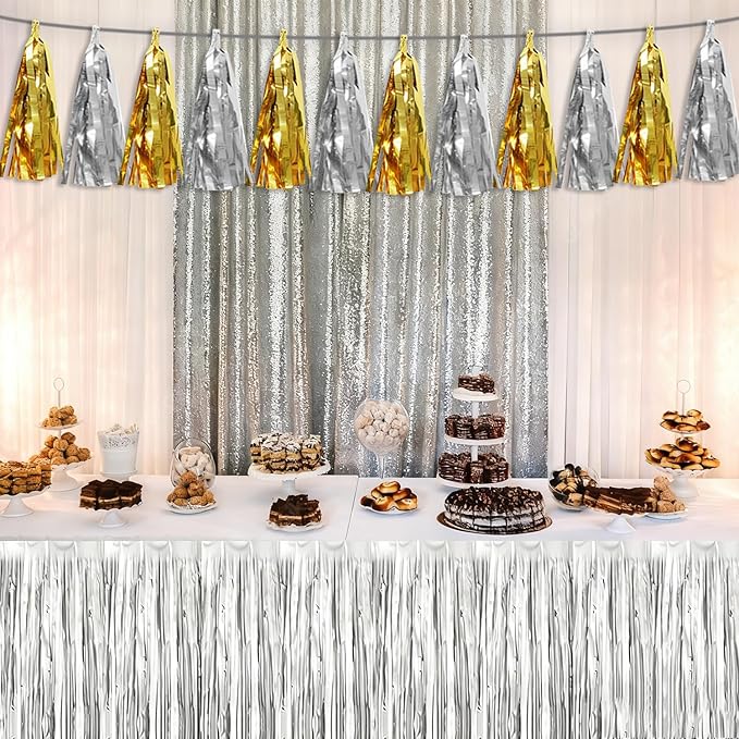 3P Gold Silver Tassel Banner Garland Metallic Foil Fringe Banner Tinsel Tassels Streamer Banner Backdrop for Parade Floats, Graduation Decorations, Father' Day, Halloween, Christmas Decorations