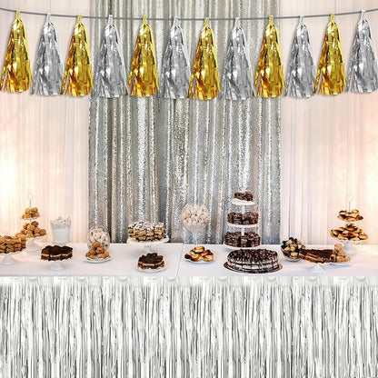 3P Gold Silver Tassel Banner Garland Metallic Foil Fringe Banner Tinsel Tassels Streamer Banner Backdrop for Parade Floats, Graduation Decorations, Father' Day, Halloween, Christmas Decorations