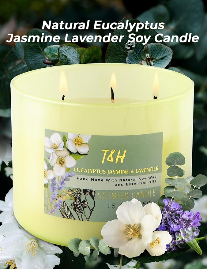 T&H Eucalyptus Jasmine Lavender 3-Wick Soy Candle 15.8 oz | Large Lavender Woods Scented Candle for Home | Aromatherapy Stress Relief Candle for Men & Women | Highly Scented, Long-Lasting Clean Burn