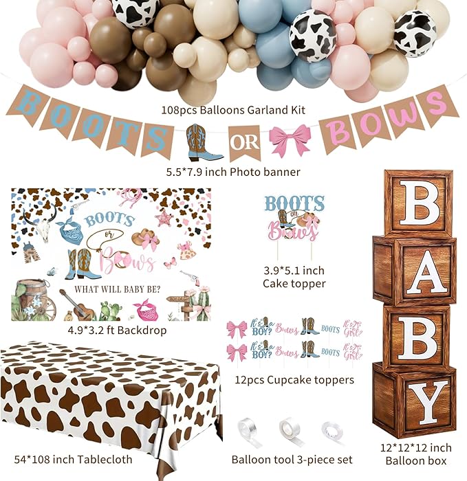 Boots or Bows Gender Reveal Decorations - 130Pcs Boy or Girl What Will Baby Be Gender Reveal Party Supplies Include Backdrop Balloon Garland Tablecloth Boots or Bows Banner Cake Cakecup Topper