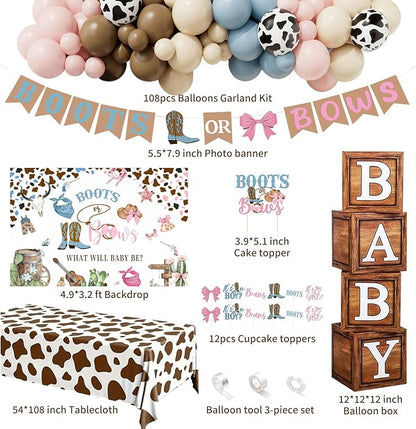 Boots or Bows Gender Reveal Decorations - 130Pcs Boy or Girl What Will Baby Be Gender Reveal Party Supplies Include Backdrop Balloon Garland Tablecloth Boots or Bows Banner Cake Cakecup Topper