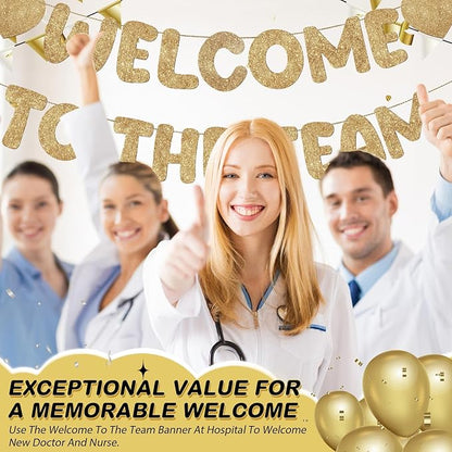 Fulmoon Pre Strung Welcome to The Team Banner with Two Heart Signs, NO DIY, Glitter Welcome Party Supplies for New Employee, Coworker, Colleague, Staff, Team Member Office Decorations(Champagne Gold)