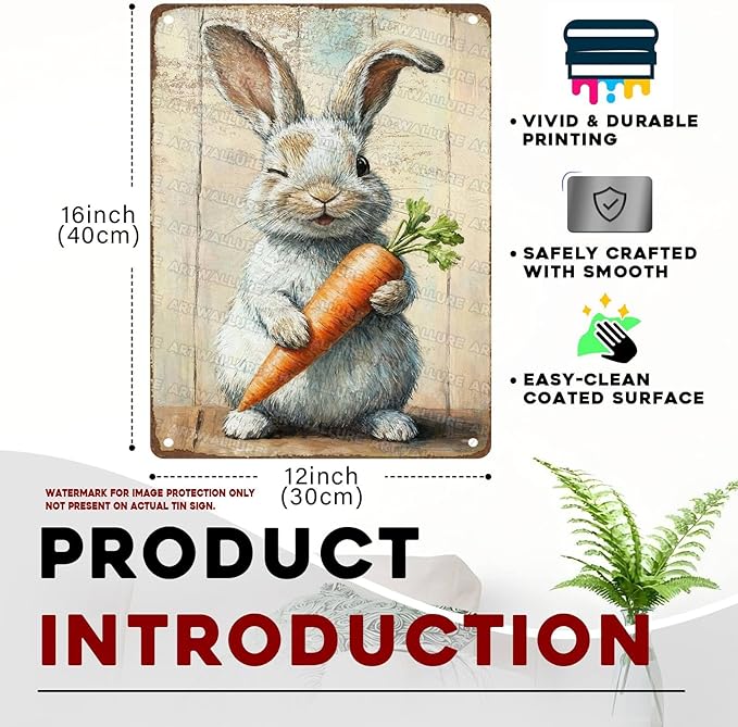Charming Easter Bunny Metal Sign Vintage Bunny Carrots Rustic Farmhouse Wall Art For Spring Home Decor Living Room Bedroom Kitchen 12x16Inch