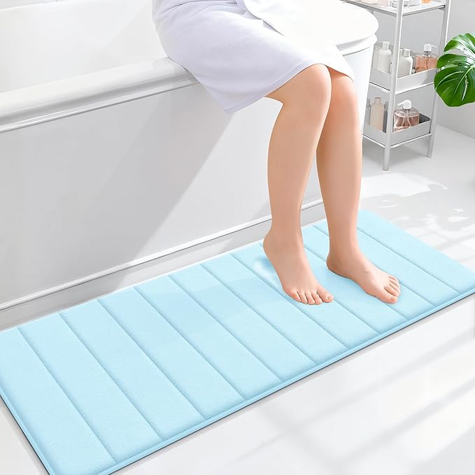 OLANLY Memory Foam Long Bathroom Rugs Runner 47x17, Super Soft Absorbent Bath Mat, Quick Dry, Machine Washable Shower Floor Rugs, Bathmat Carpet, Bathroom Home Decor Accessories, Sky Blue