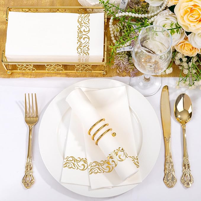 50PCS Gold Napkins Disposable - White and Gold Paper Napkins - Cloth-Like Feel Dinner Paper - Elegant Heavy Duty Hand Towels for Bathroom Thanksgiving Party Bridal Decorative Reception