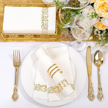 50PCS Gold Napkins Disposable - White and Gold Paper Napkins - Cloth-Like Feel Dinner Paper - Elegant Heavy Duty Hand Towels for Bathroom Thanksgiving Party Bridal Decorative Reception
