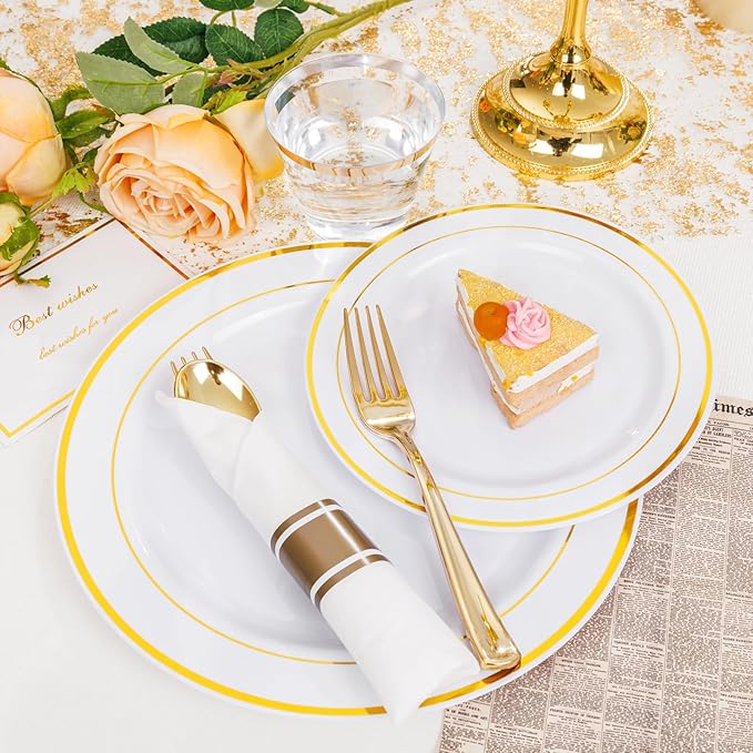 WELLIFE 700 Pcs Gold Plastic Plates for 100 Guests - Disposable Dinnerware Set,Christmas Party Supplies Includes 200 Gold Plates,300 Plastic Silverware,100 Napkins,100 Cups for Party and Christmas