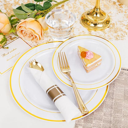 WELLIFE 700 Pcs Gold Plastic Plates for 100 Guests - Disposable Dinnerware Set,Christmas Party Supplies Includes 200 Gold Plates,300 Plastic Silverware,100 Napkins,100 Cups for Party and Christmas