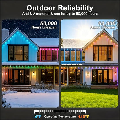 Permanent Outdoor Lights 200FT—Smart RGB Eave Lighting with App & Remote Control, IP67 Waterproof for House Exterior, Garden, Holiday, and Party Decor