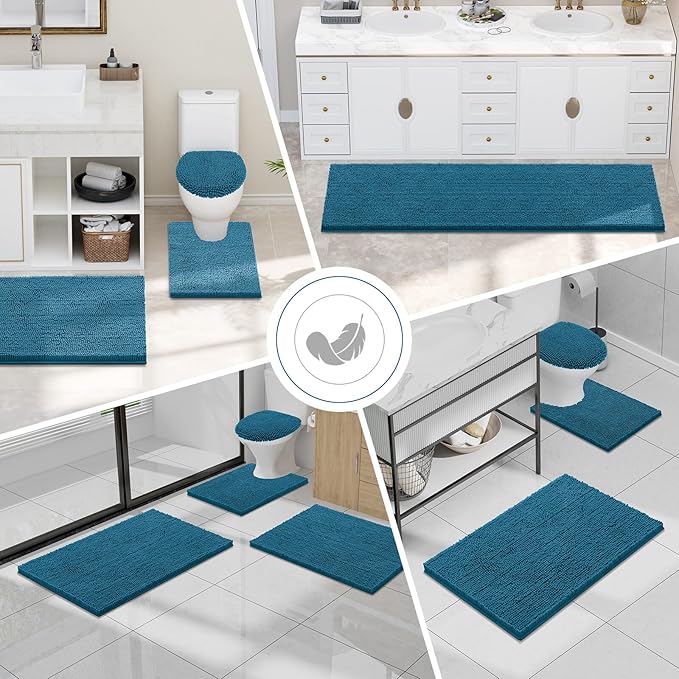 Smiry Luxury Chenille Bathroom Rugs 24x16, Extra Soft and Absorbent Shaggy Bath Mat, Machine Washable, Non-Slip Plush Carpet Runner for Tub, Shower, and Floor, Home Decor Accessories, Peacock Blue