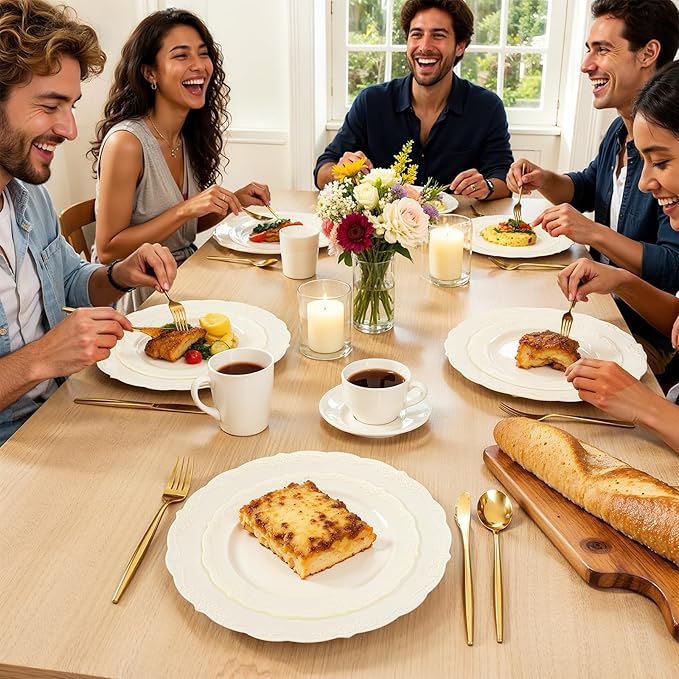 U-QE 100 Pieces Ivory Thanksgiving Plastic Plates for Party - Ivory Disposable Plastic Plates - Heavy Duty Disposable Platos Including 50 Dinner 10 '' & 50 Dessert 7.5 '' for Thanksgiving