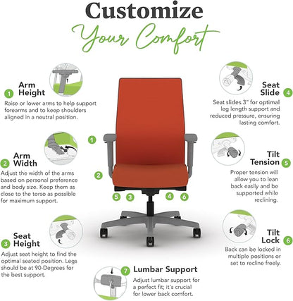 HON Ignition 2.0 Mid Back Task Chair, Spectrum Mesh, Advanced Synchro-Tilt Control, Office Chair with Lumbar Support, Height and Width Adjustable Arms, Titanium Frame, Salamander