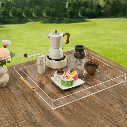 Extra Large Clear Acrylic Serving Tray (18×18 Inches) with Gold Handles Spill Proof Acrylic Over Size Big Decorative Tray Organiser for Ottoman Coffee Table Countertop