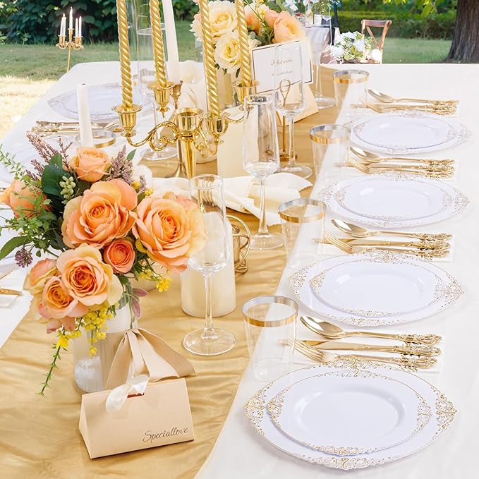 YOUBET 700PCS Gold Plastic Dinnerware Set - White and Gold Disposable Plates for 100 Guest - 200 Disposable Plates, 300 Heavy Duty Plastic Silverware, 100 Cups,100 Napkins for Wedding Thanksgiving
