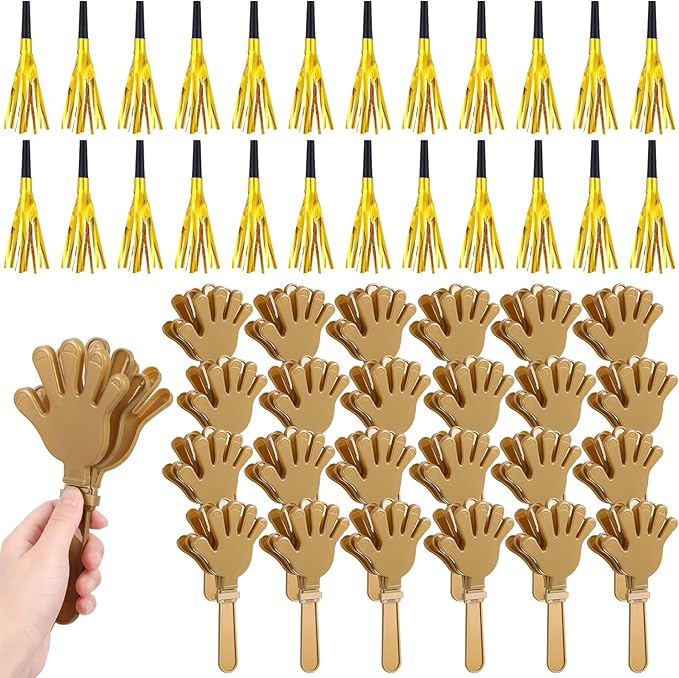 48 Pack Party Noisemakers New Years Eve Party Supplies Include 24 7.5 Inch Large Hand Clappers 24 Blowers Whistle for Aldult Birthday 2025 New Years Eve Favor(Gold)
