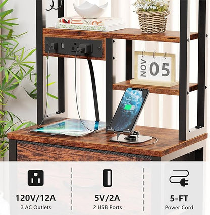 Furnulem Tall Night Stand with LED & USB Ports, 45.3inch Nightstand with Open Bookshelf, Bedside Table with 3 Fabric Drawers for Bedroom/Dorm/Office, Rustic Brown Wood-Metal Frame