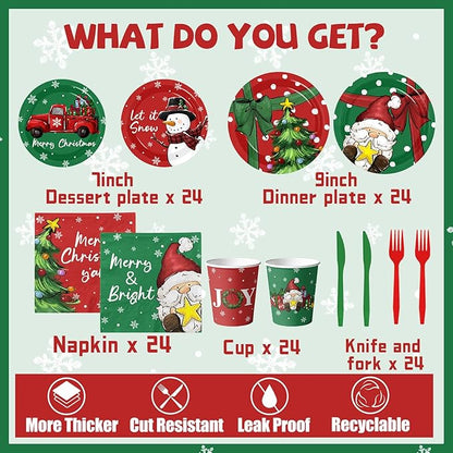 144Pcs Christmas Paper Plates and Napkins Disposable Gnome Snowman Christmas Dinnerware Set Red Green Xmas Dinner Plates Napkins Cups for Holiday Party Supplies Serves 24