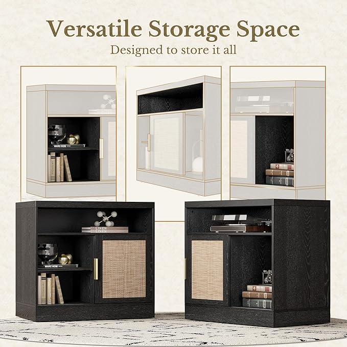 File Cabinet with Sliding Door, 32'' Rattan Office Cabinet with Open Adjustable Storage Shelves, Wood Filing Cabinet for Home Office, Black