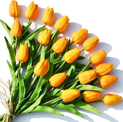 ONLY ART Artificial Orange Tulips 20 Pcs – 13.5 Inch PU Faux Flowers with Bendable Stems for Home Décor, Wedding Centerpieces, DIY Floral Arrangements, Table Decorations