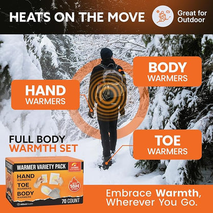 Hand Warmers Variety Set - 70 Count Ultimate Value Pack – 10 XL Body Warmers, 10 Pairs Hand Warmers, 20 Pairs Toe Warmers with Adhesive – Air Activated Heat Packs for Cold Weather and Outdoors