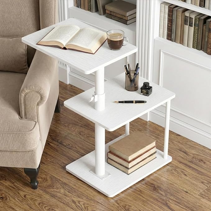 360° Swivel Side Table for Height Adjustable, C Shaped End Table for Couch with Storage, 3-Tier Night Stand with Open Shelf, Tv Tray for Small Spaces, Living Room, Bedroom, White