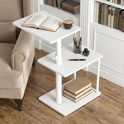 360° Swivel Side Table for Height Adjustable, C Shaped End Table for Couch with Storage, 3-Tier Night Stand with Open Shelf, Tv Tray for Small Spaces, Living Room, Bedroom, White