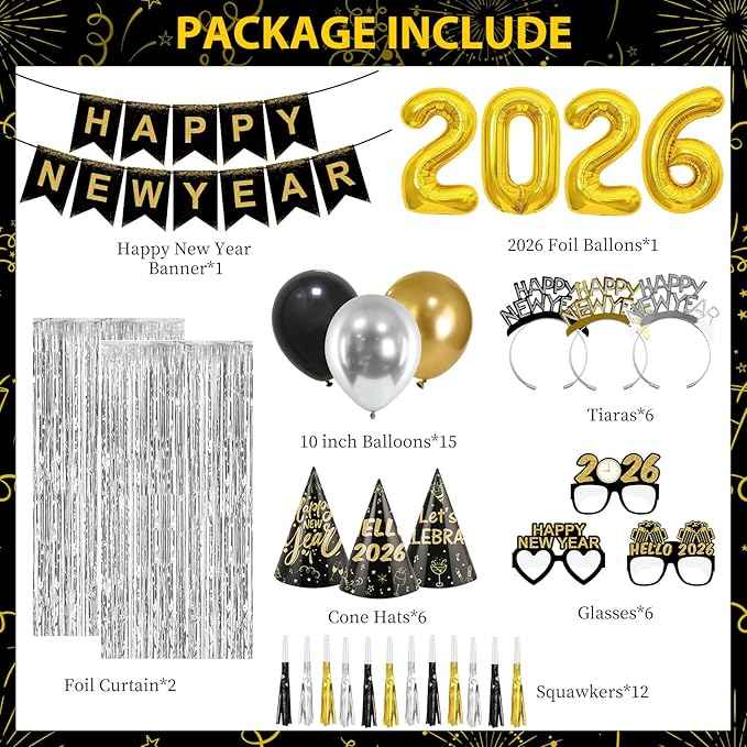 New Years Eve Party Supplies 2026 New Years Decorations Happy New Year Banner 2026 Balloons Hats Glasses Tiaras Squawkers Fringe Curtains for Party Decor Photo Props