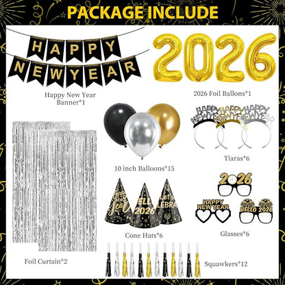 New Years Eve Party Supplies 2026 New Years Decorations Happy New Year Banner 2026 Balloons Hats Glasses Tiaras Squawkers Fringe Curtains for Party Decor Photo Props