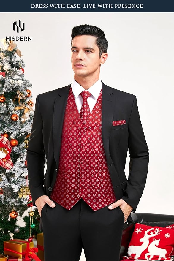 HISDERN Men's Suit Vest Christmas Holiday Season Party Jacquard Waistcoats Necktie Pocket Square Vest Suit Set