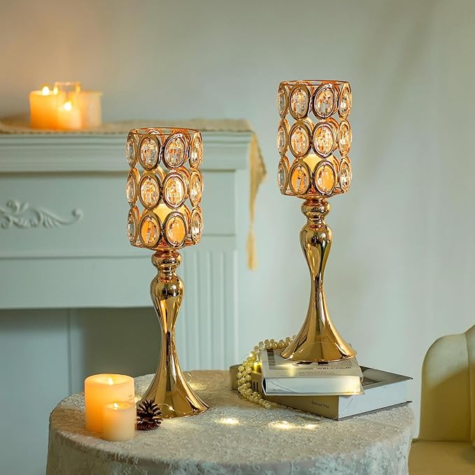 Versatile Vases Set of 2 - 18" Tall Flower Holders Centerpiece Stands with Bling Stones, Gold Trumpet Wedding Vase for Anniversary, Party, Event, Reception, Home Decor