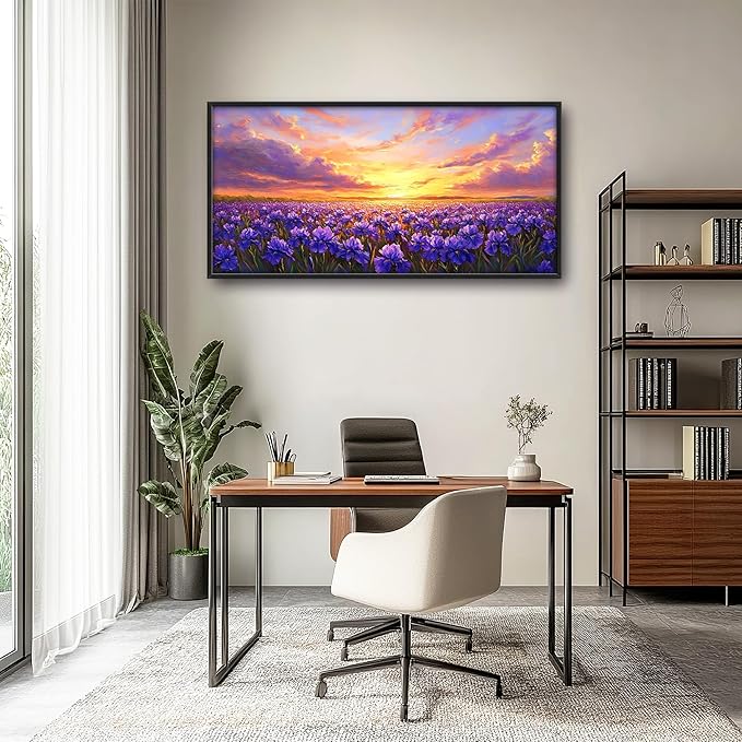 Iris Field Sunset Large Wall Art Purple Flower Framed Wall Decor for Living Room Iris Pictures Oversized Canvas Print Painting Modern Extra Large Framed Artwork for Bedroom Office 60"x30"